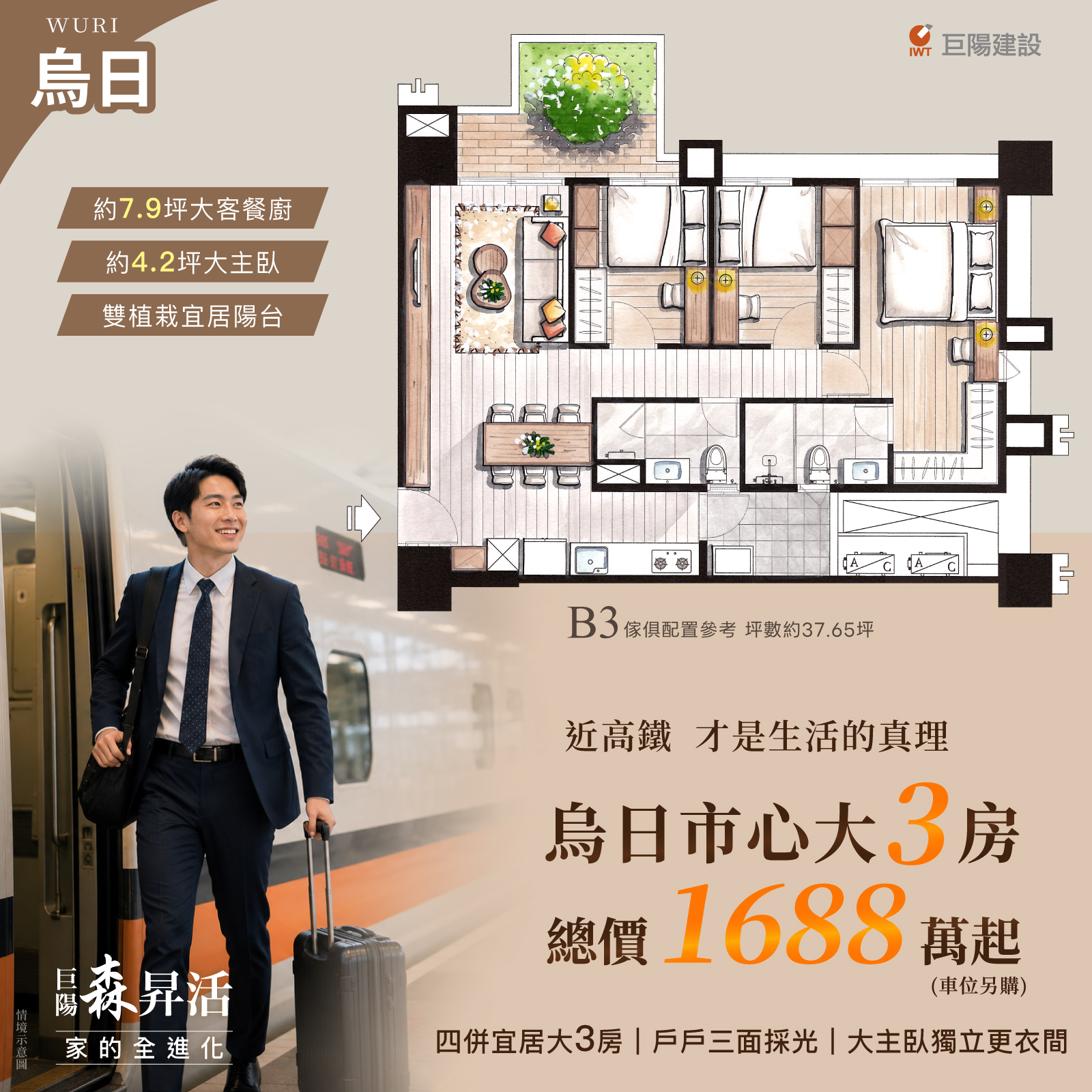 【近高鐵，才是生活的真理】！巨陽森昇活 烏日市心大3房，雙植栽宜居陽台－好宅Go｜購好宅